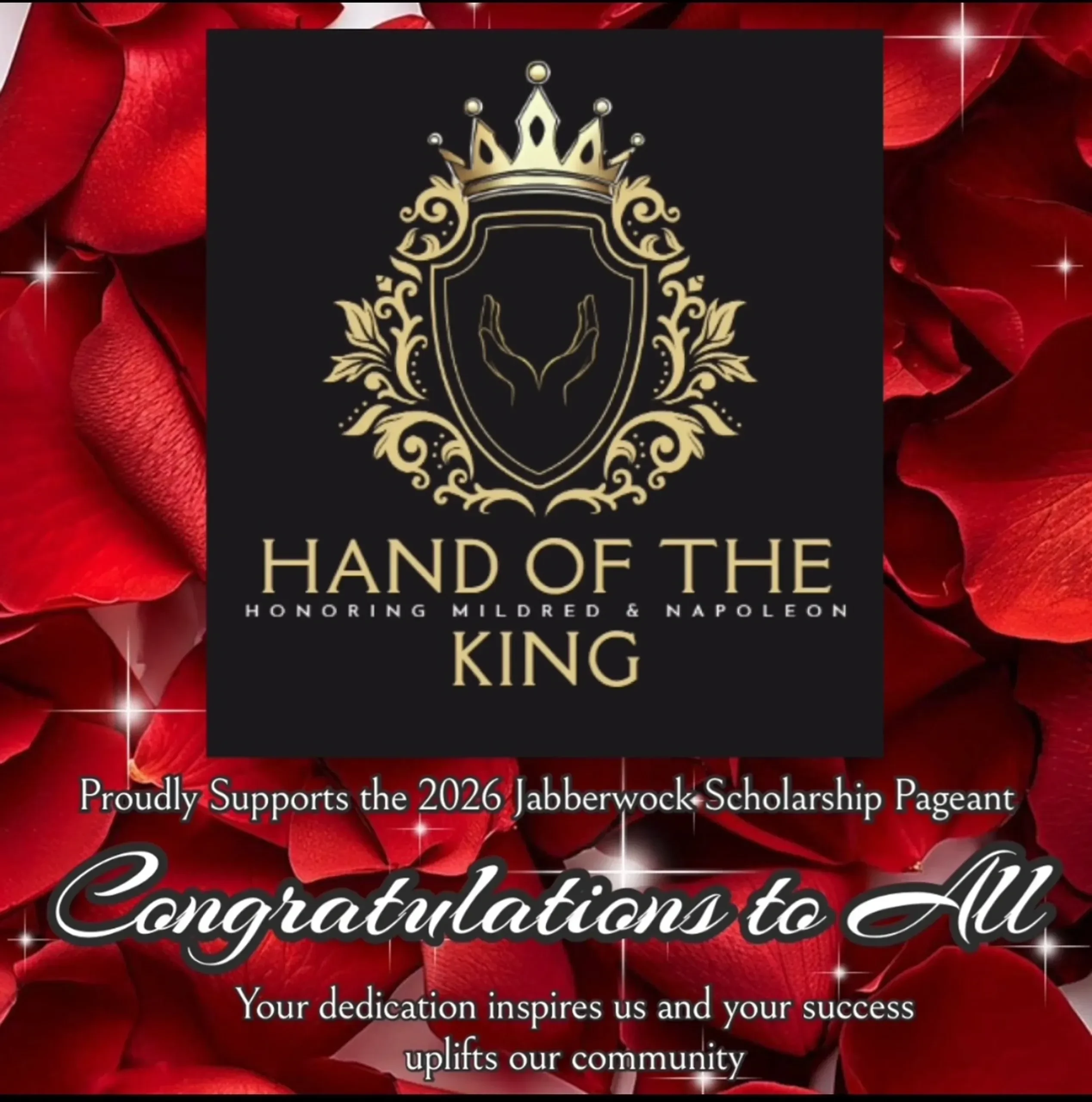 Hand of the King congratulatory graphic supporting the 2026 Jabberwock Scholarship Pageant