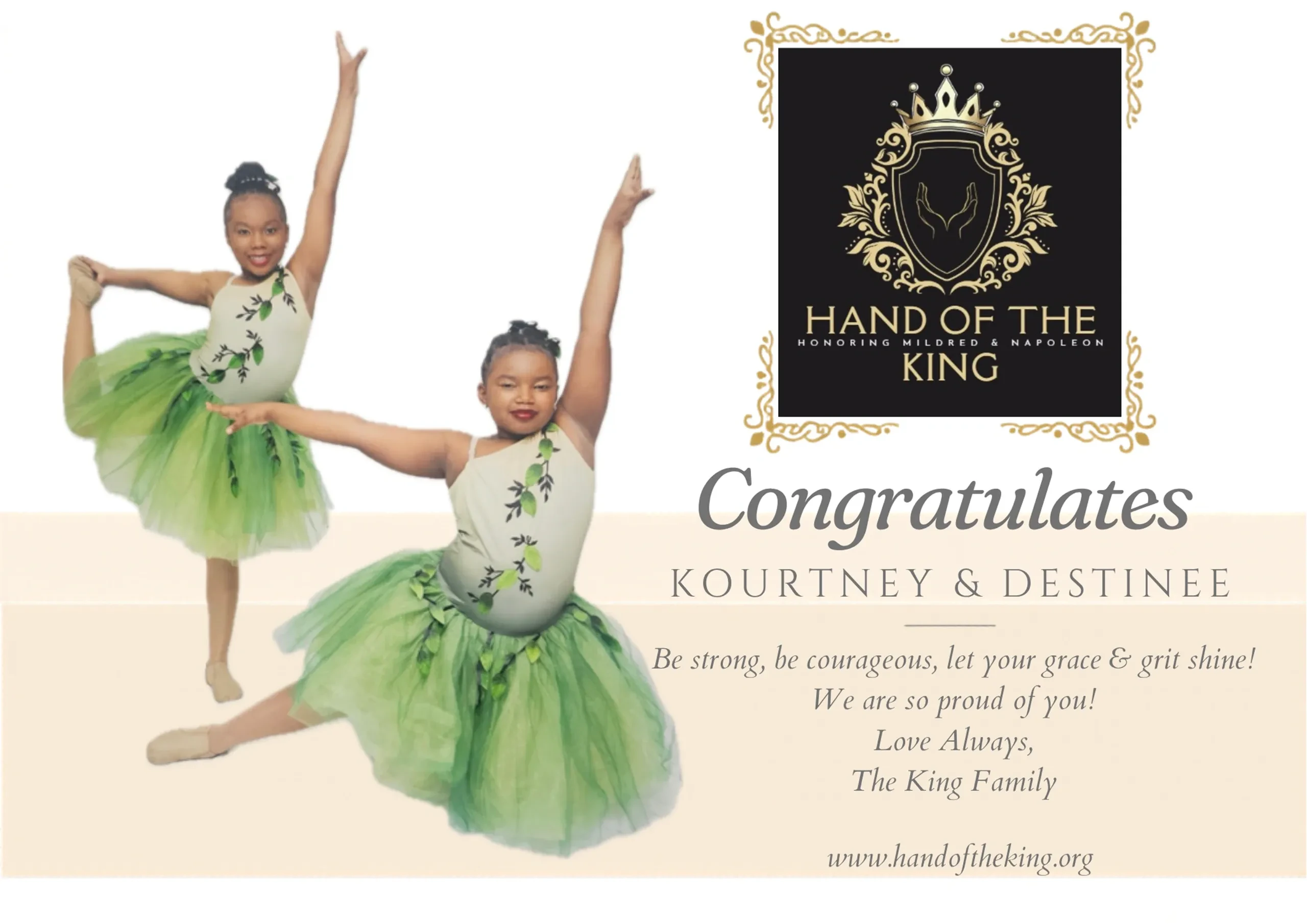 Hand of the King congratulatory recital graphic for Kourtney and Destinee